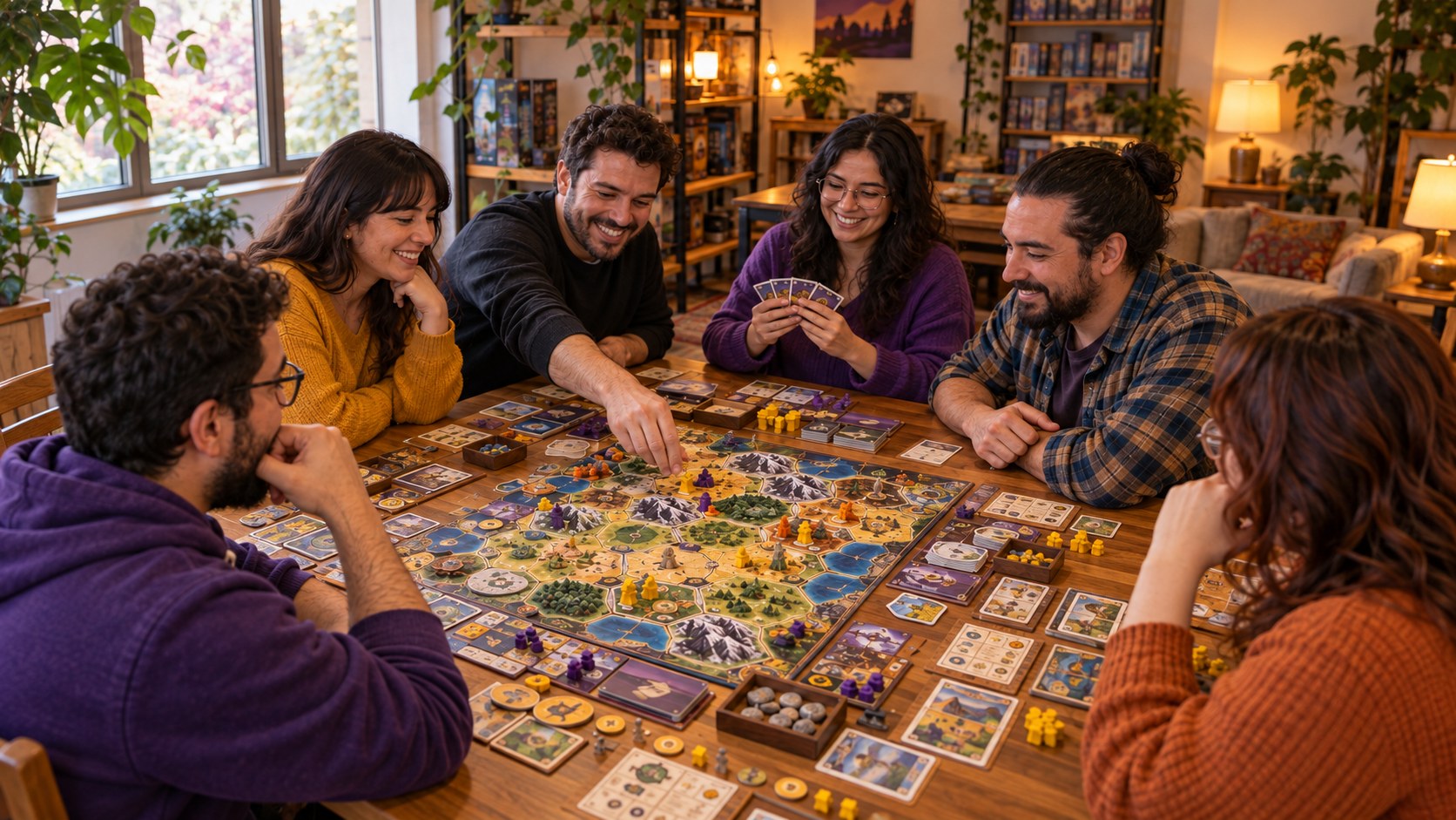 Un grupo de amigos sonriendo alrededor de una mesa con un juego de tablero