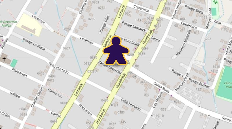 Mapa con un meeple marcando la sede de La Mesa del Sol en Calle Leverrier #0147, Quilpué, entre Lamarck y Humboldt